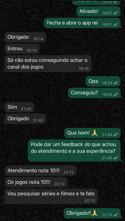 Avaliação de cliente no WhatsApp - Atendimento e canais de esportes nota 10